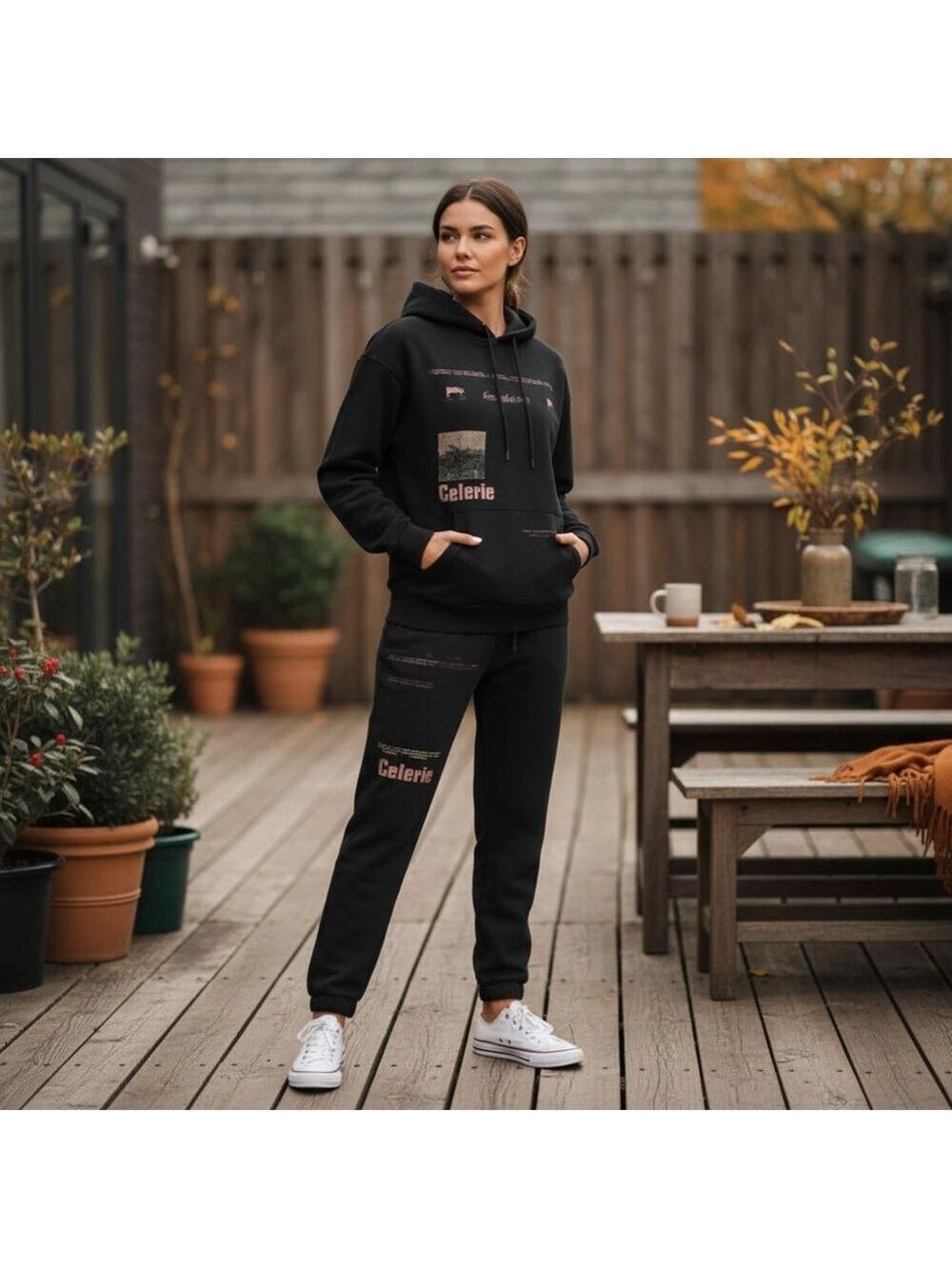 COLLUSION Unisex Lounge cotton set pants & sweat shirt hoodie black with graphic